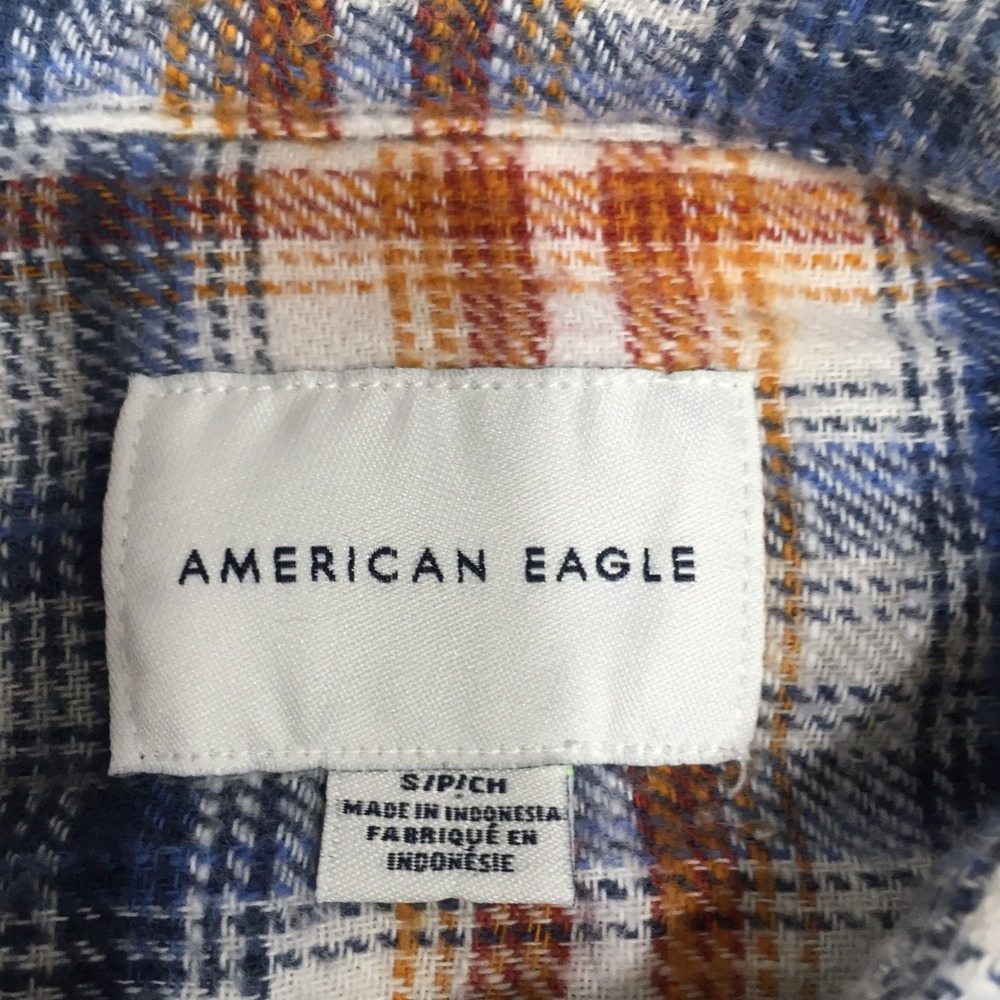 American Eagle Womens Flannel Shirt S Blue Orange Excellent Cropped Plaid Button - Picture 3 of 9
